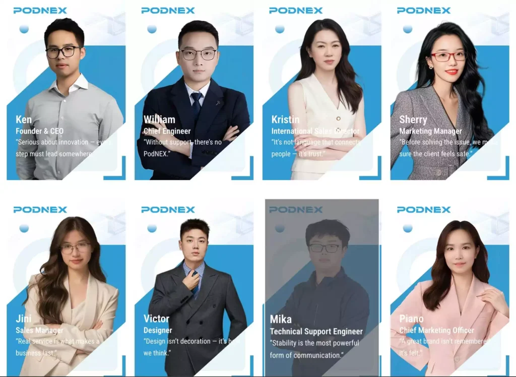 Team members with roles and quotes.