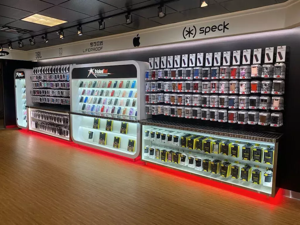 Wall of phone accessories displayed neatly
