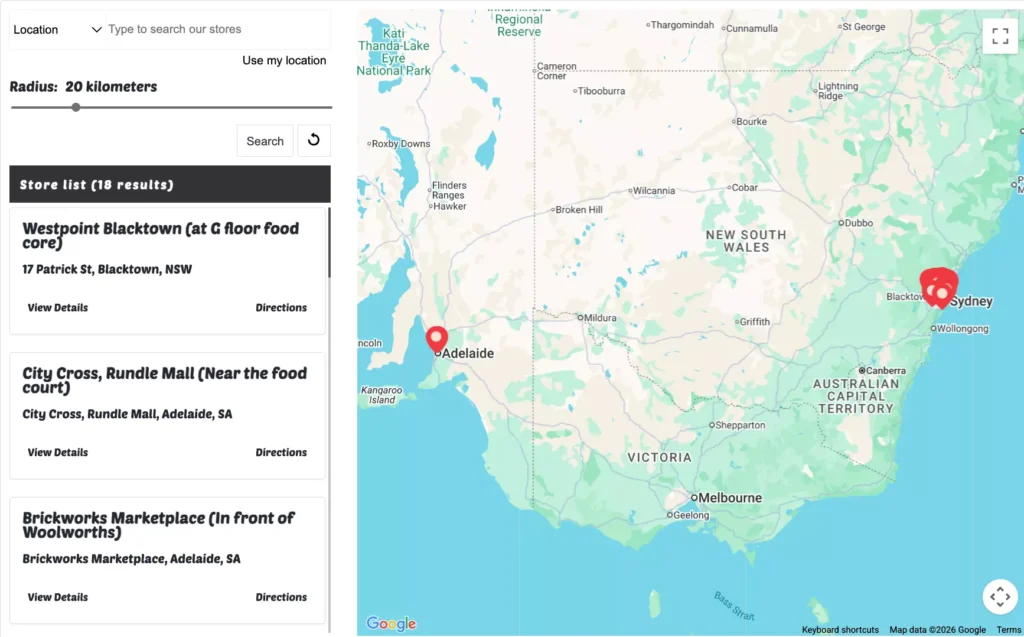 Map showing store locations in Australia